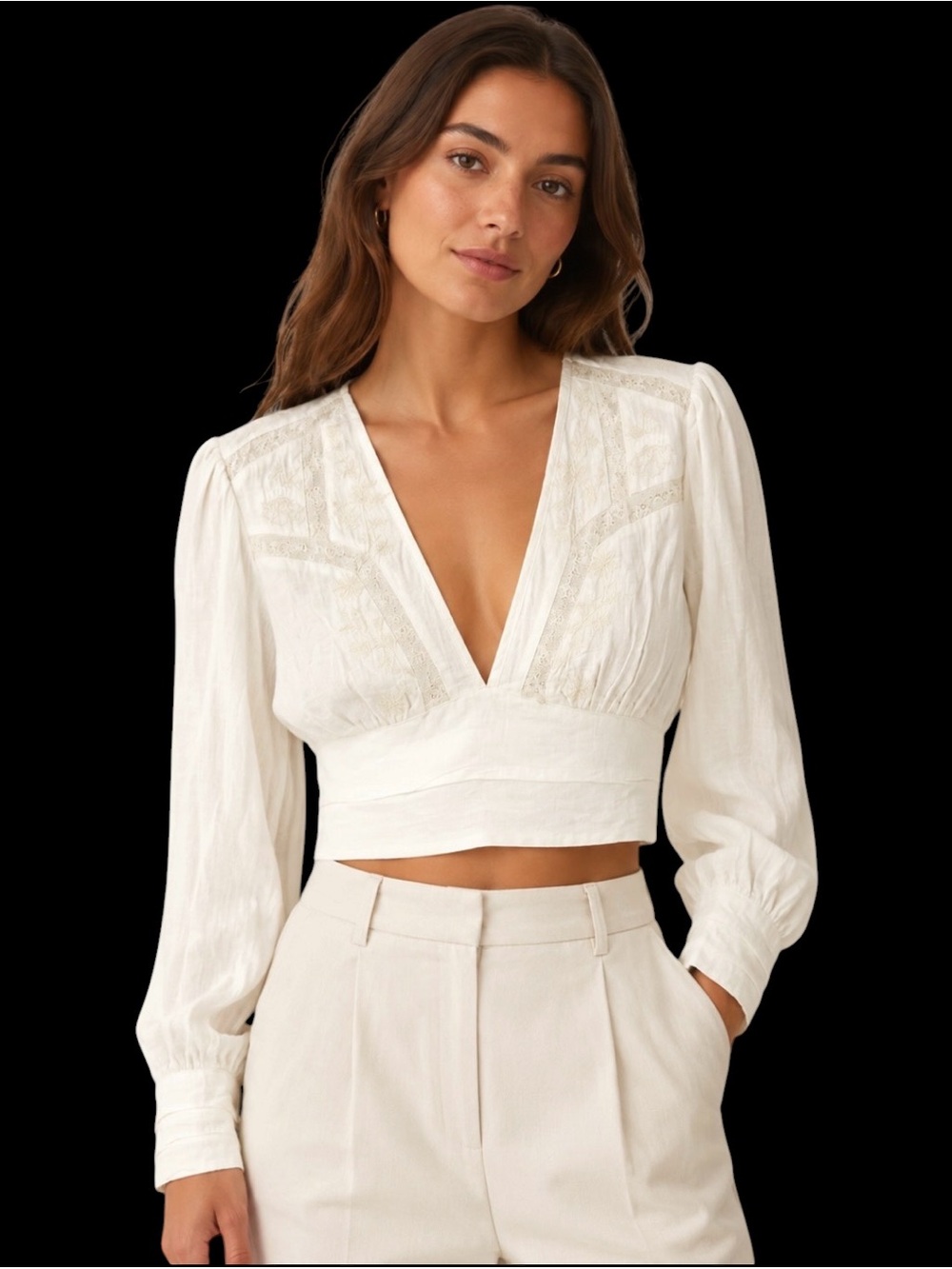 Zara Embroidered Crop Top XL White Boho Lace V-Neck gauzy coastal money